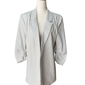 NWT Rachel Zoe Open Front Blazer White Tan Blue Check 3/4 Sleeve Ruche Size L